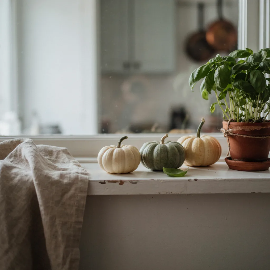 Muted mini pumpkins lined up on a kitchen windowsill

