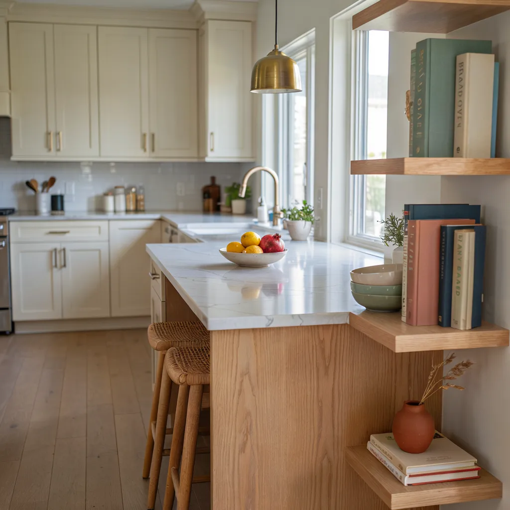 Open shelving on end of kitchen island