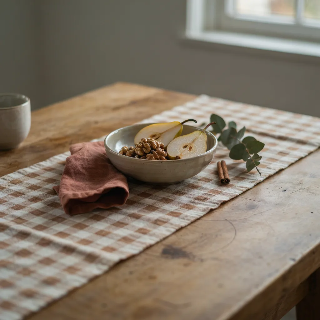 Cream and brown checked cotton runner on a wooden kitchen table

