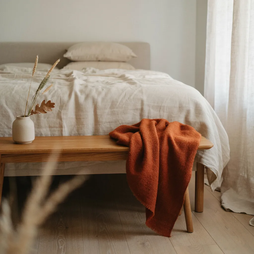 Oak bench with a folded rust throw at the foot of a queen bed
