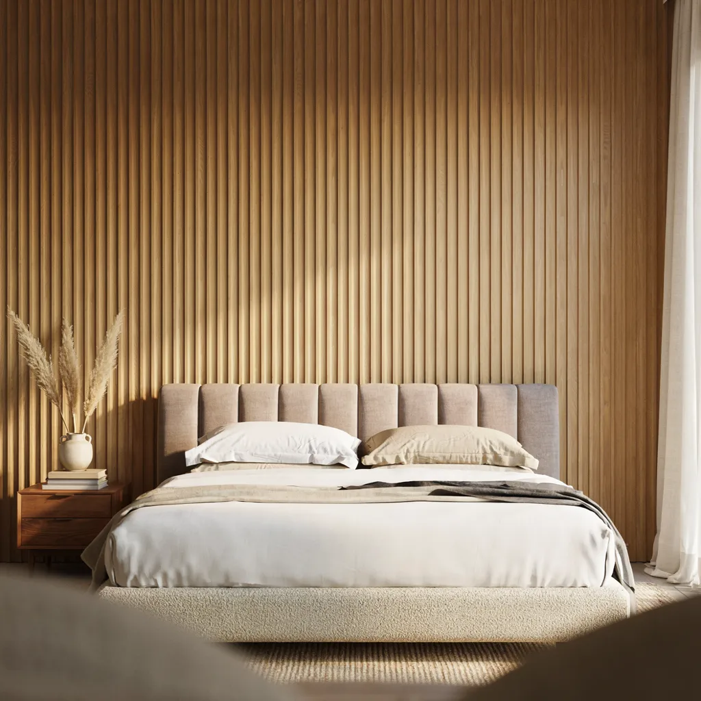 Fluted oak panel accent wall behind bed
