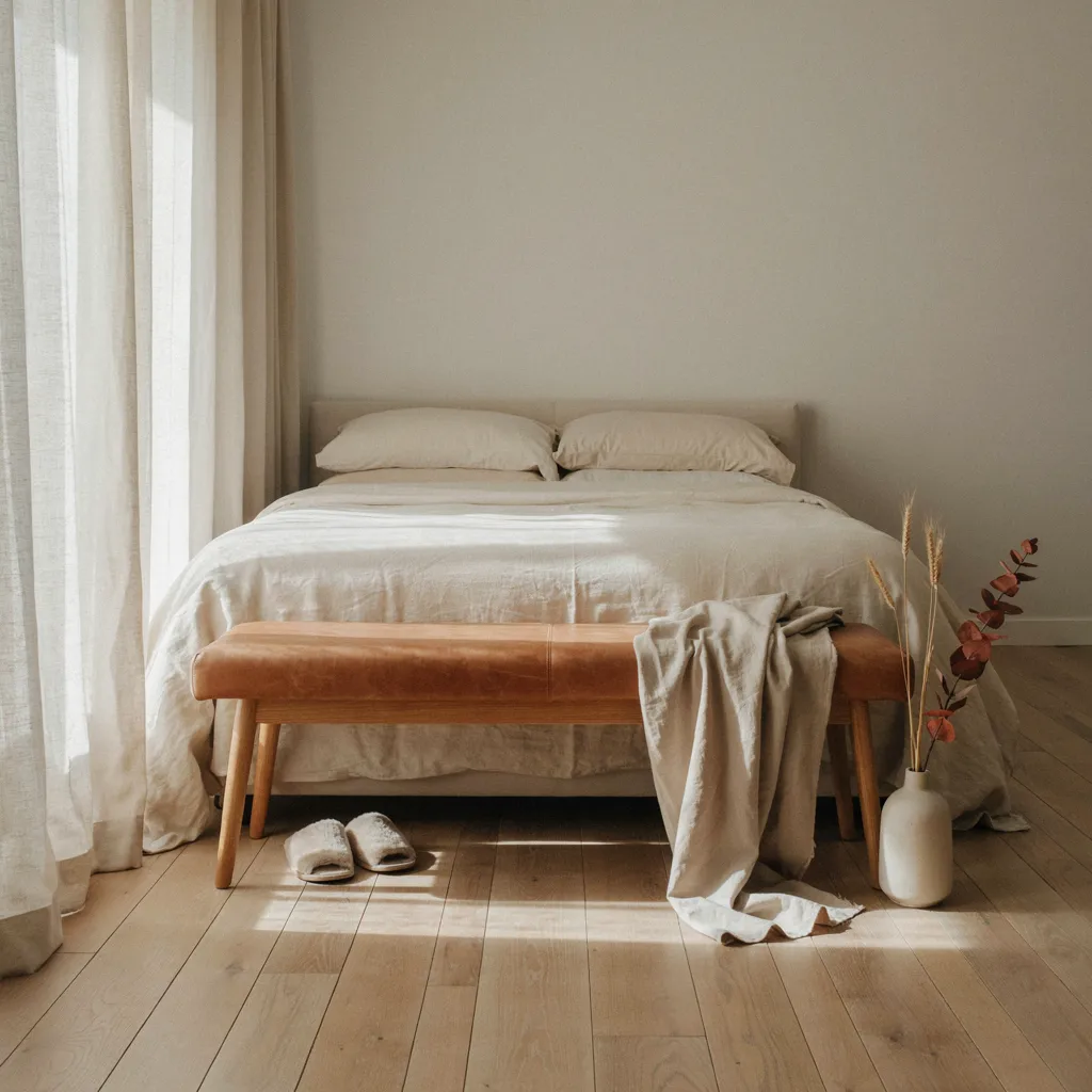 Tan leather bench with a folded throw at the foot of a bed

