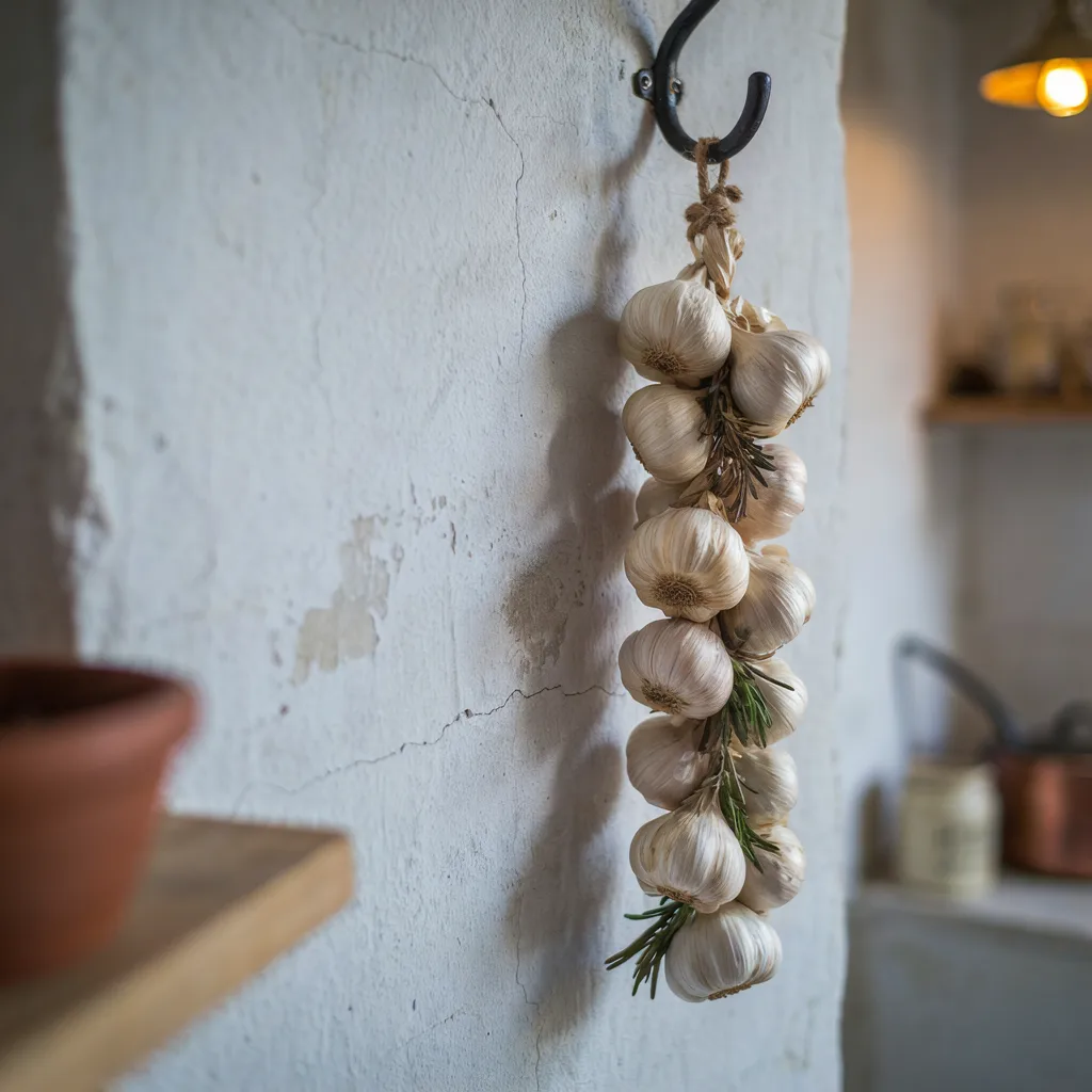 Braided garlic and rosemary swag hanging from an iron wall hook

