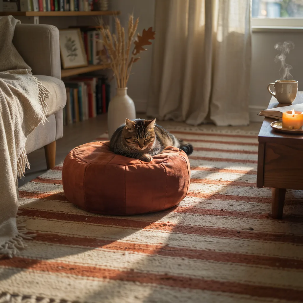 Suede floor pouf near coffee table