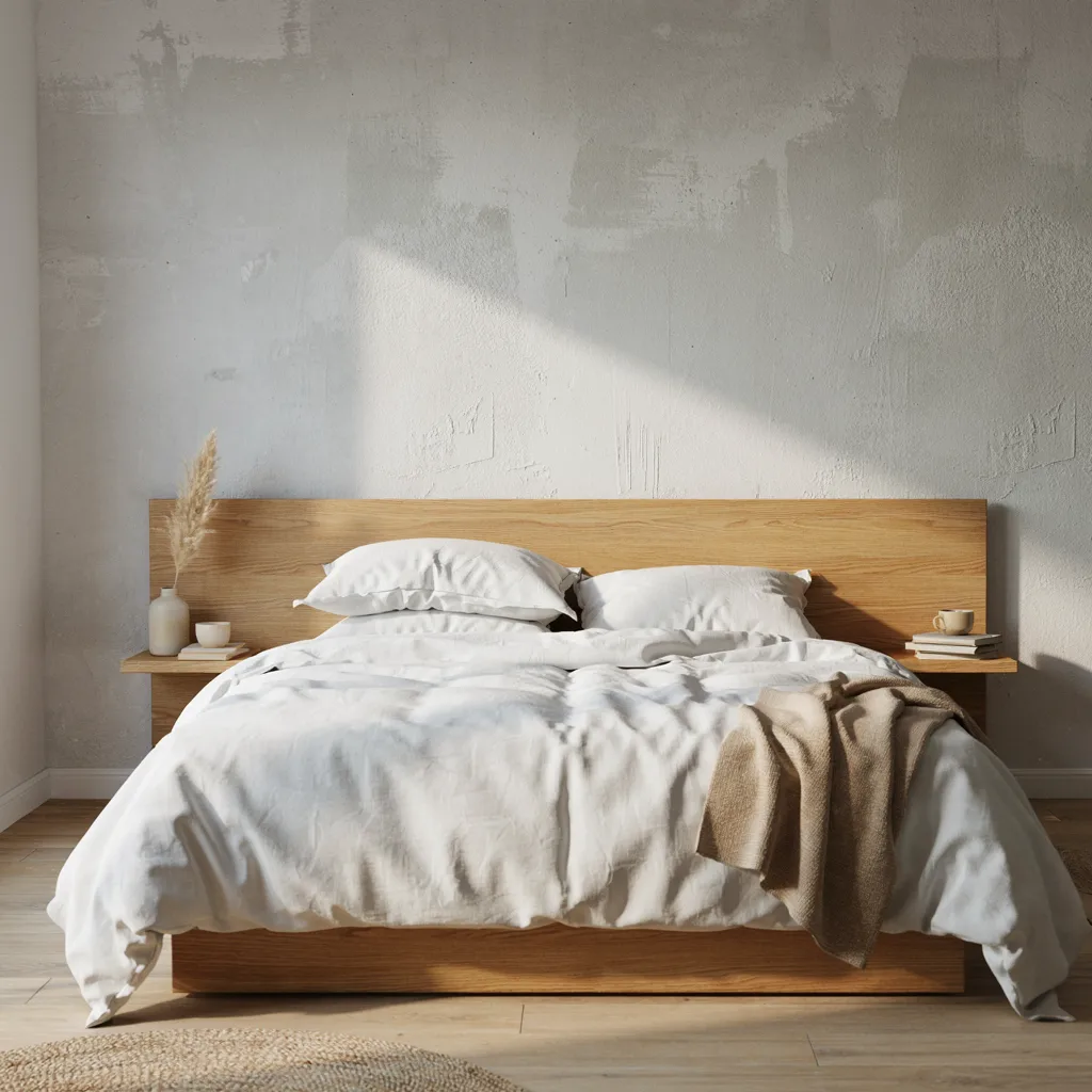 Low walnut platform bed with floating side ledges
