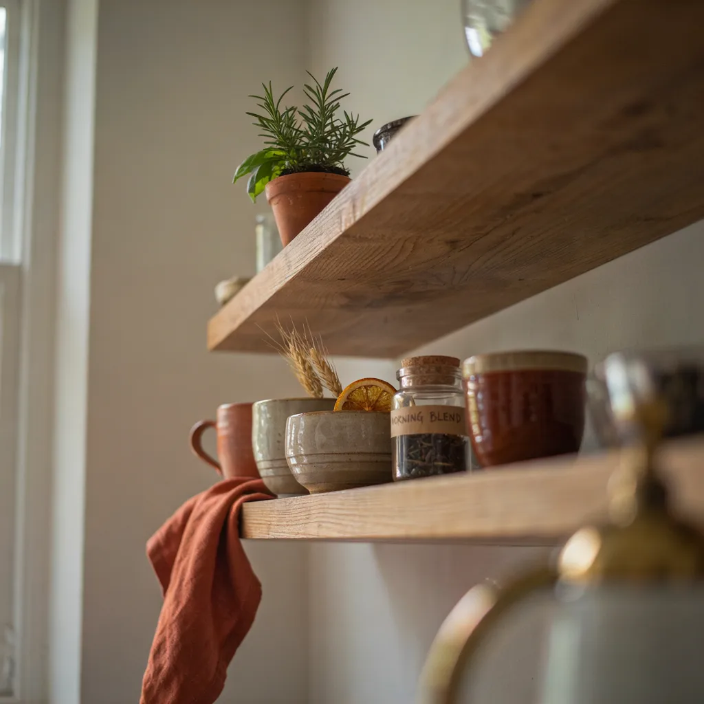 Stoneware mugs and a terracotta herb pot styled on open kitchen shelving