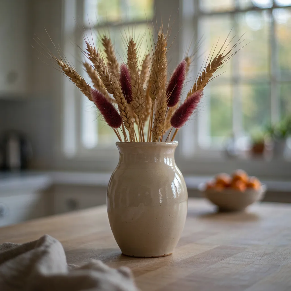 Dried wheat stalks in a stoneware pitcher on a kitchen island