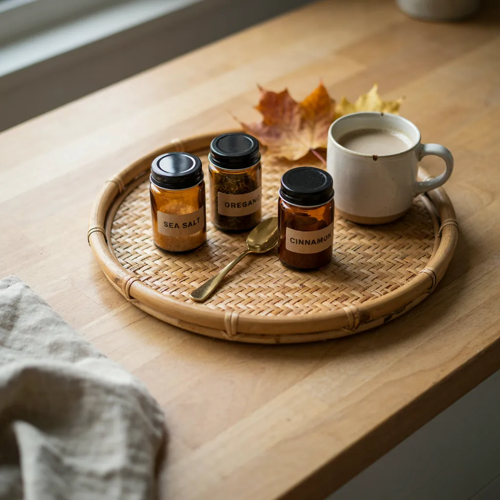 Rattan tray holding amber glass spice jars on a kitchen counter