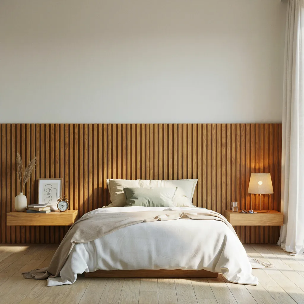 Wall-to-wall wood slat headboard with shelves
