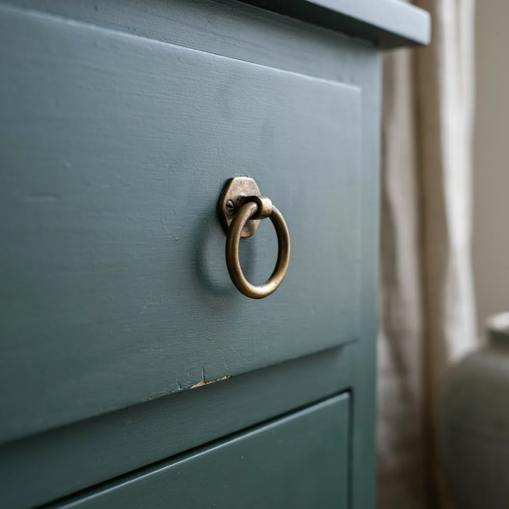 Aged brass ring drawer pull mounted on a dark green nightstand
