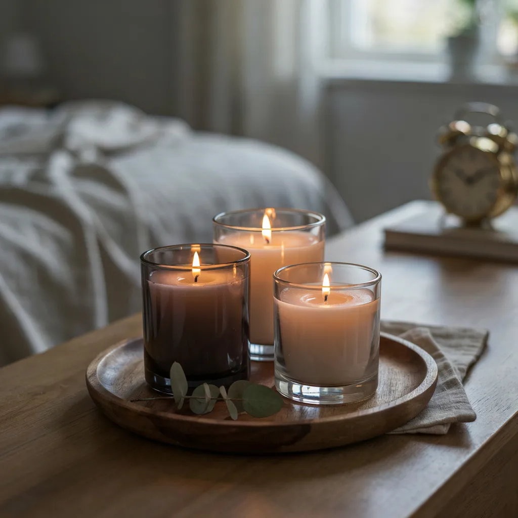 Three smoked glass candle holders clustered on a wooden dish

