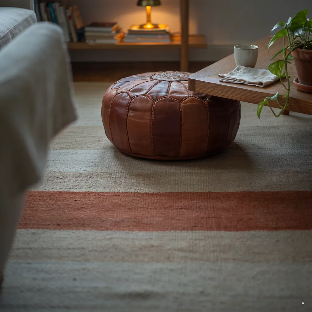 Espresso leather floor pouf beside coffee table
