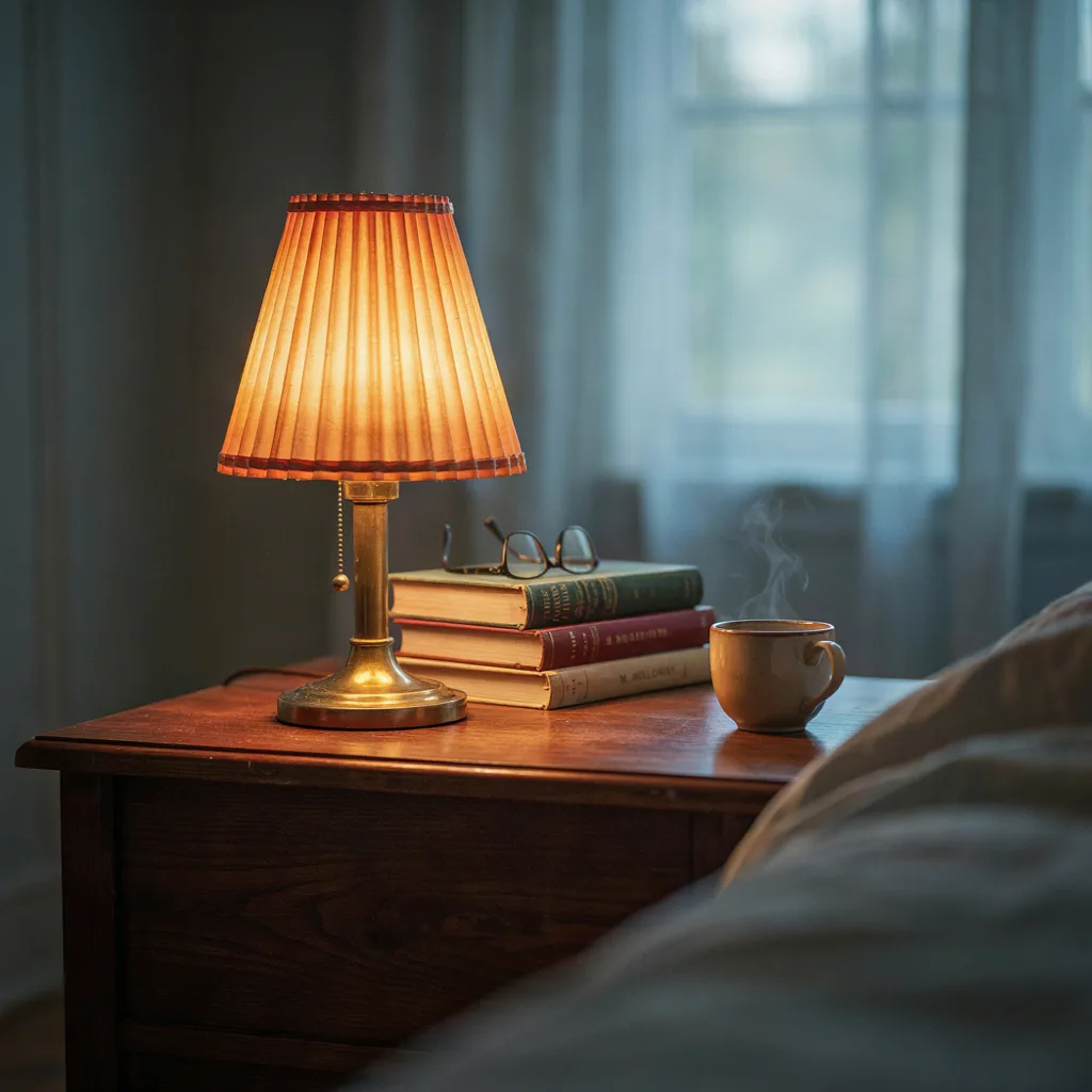 Ribbed amber glass table lamp glowing on a dark walnut nightstand

