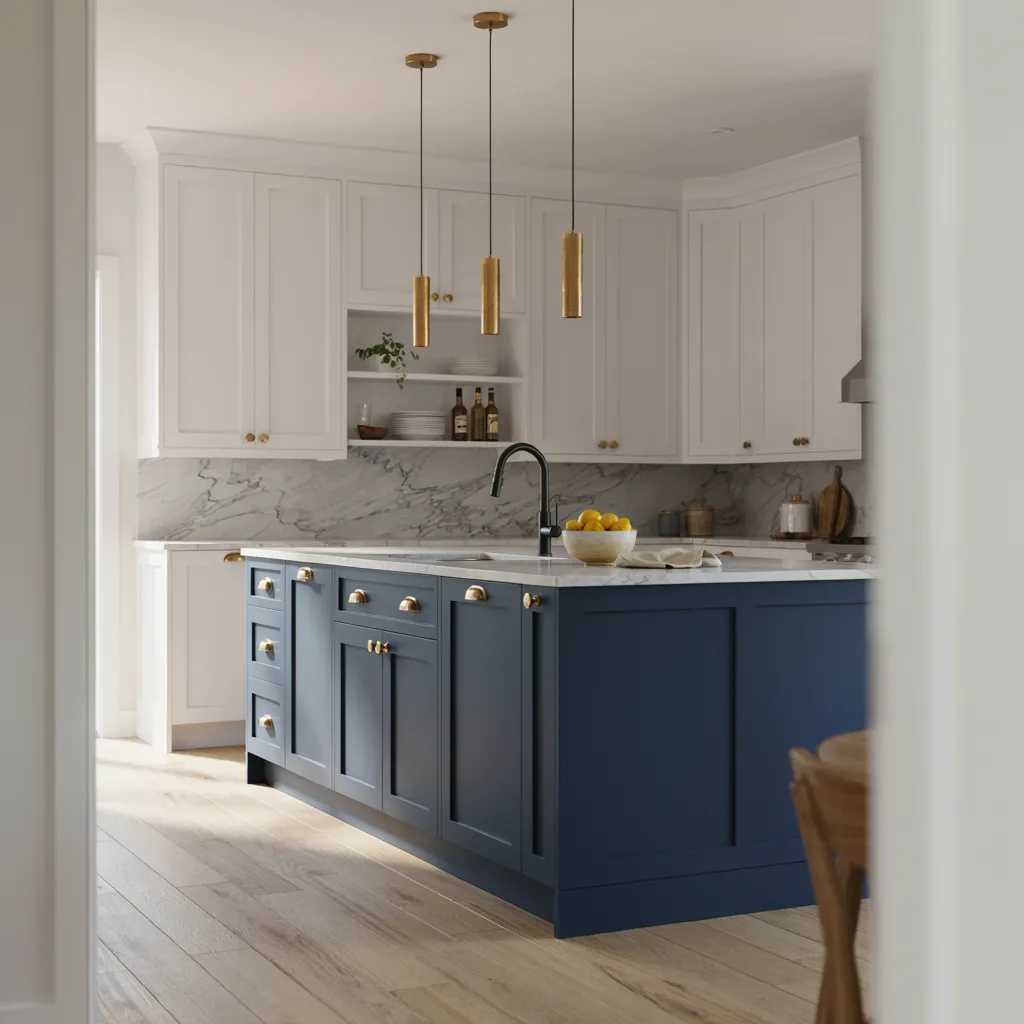 Contrasting navy paint on kitchen island base