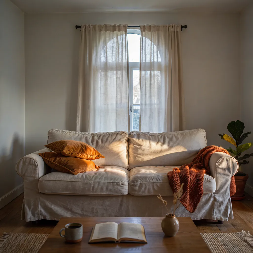 Amber velvet cushions on neutral sofa