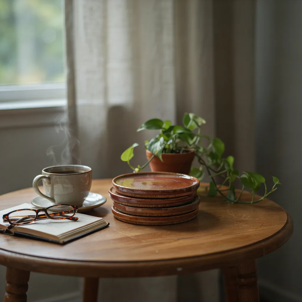 Glazed ceramic coasters on table