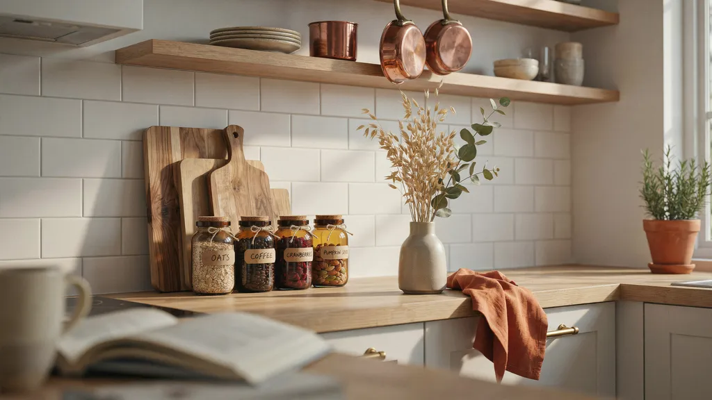 Fall kitchen decorating idea with layered cutting boards, amber glass, and copper accents