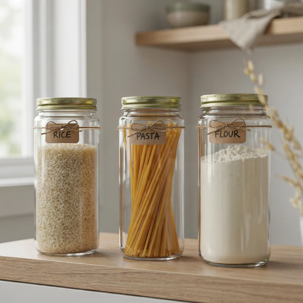 Labeled glass canisters on pantry shelf
