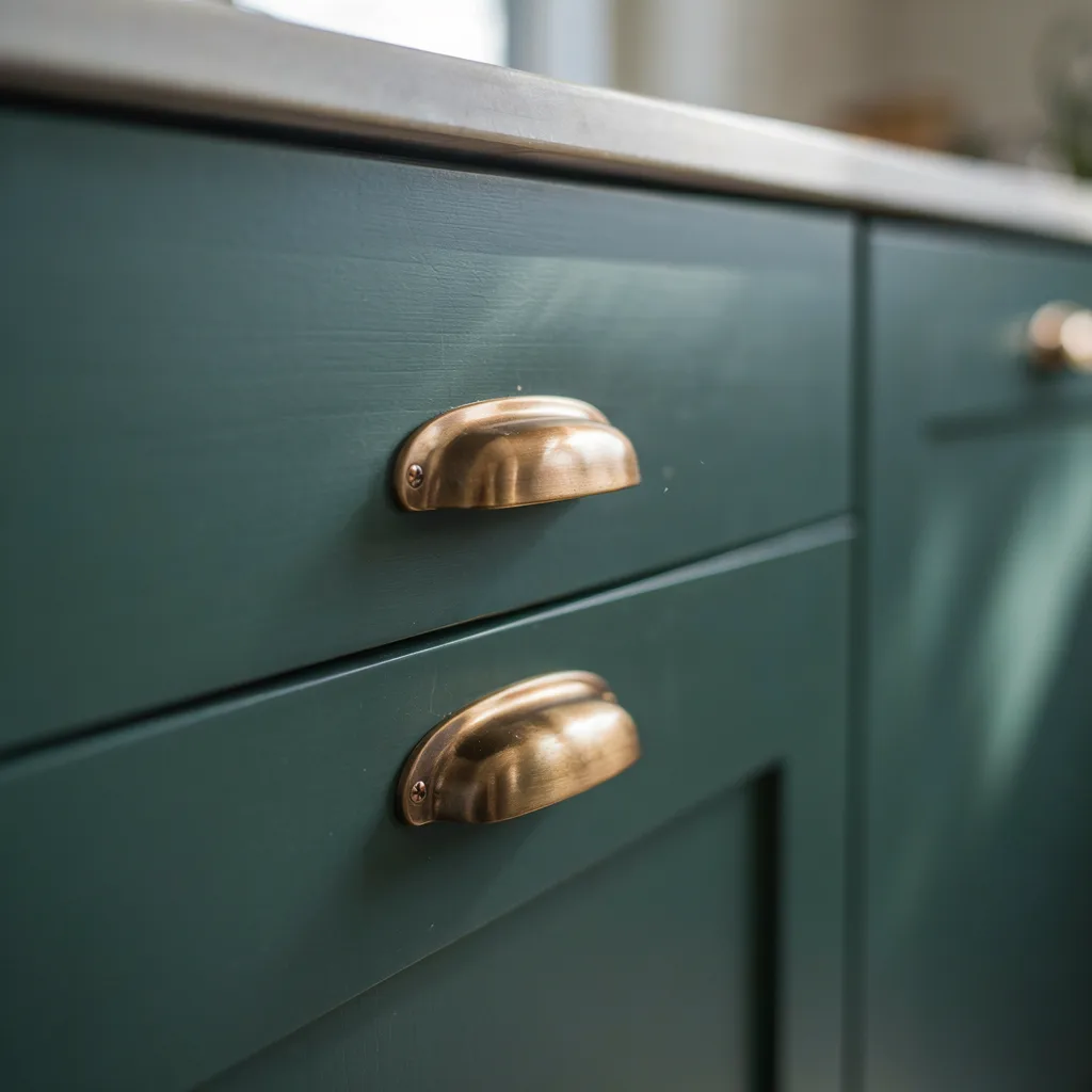 Brushed brass cabinet pulls mounted on dark green kitchen cabinets

