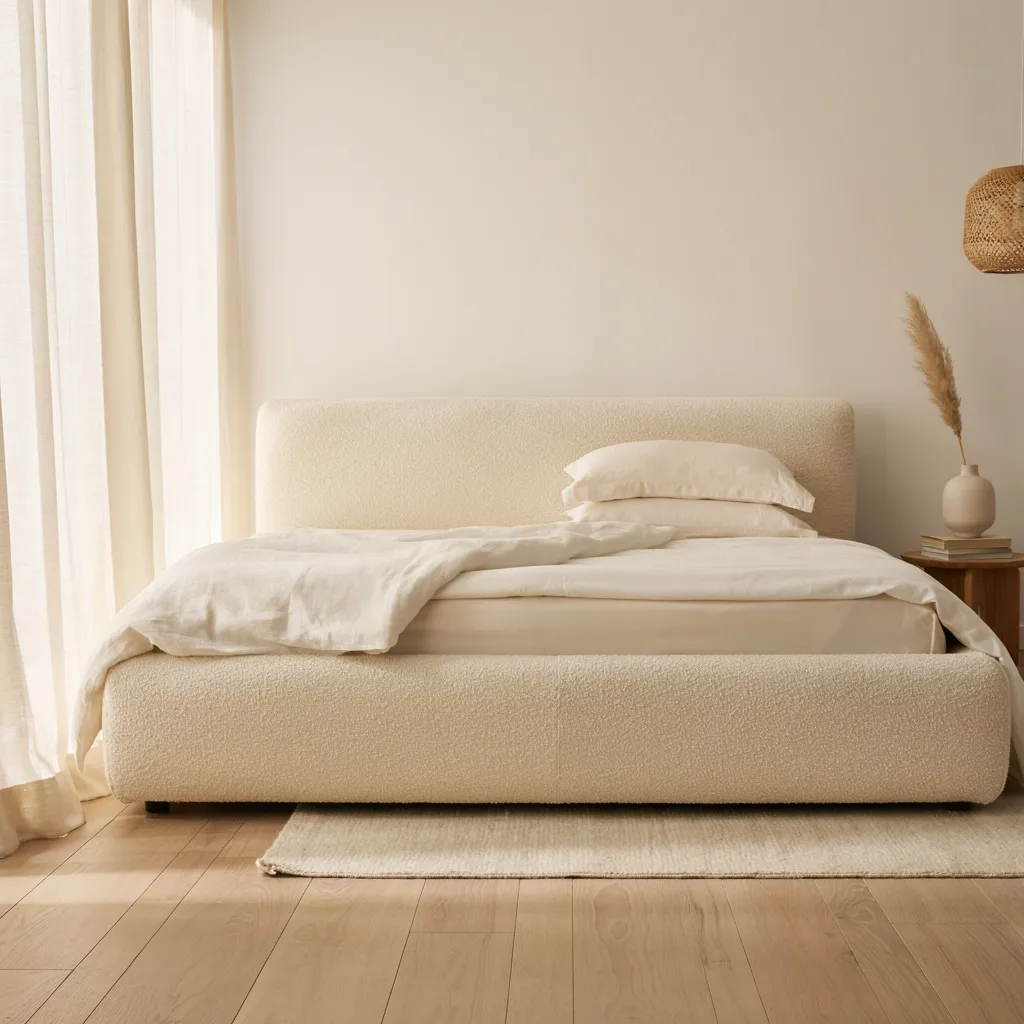 Bouclé upholstered platform bed with low headboard
