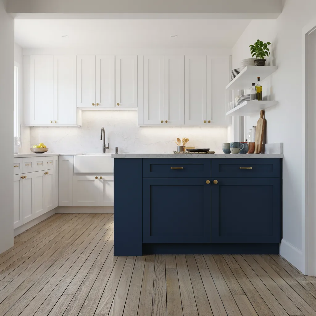 Navy cabinetry on kitchen island base