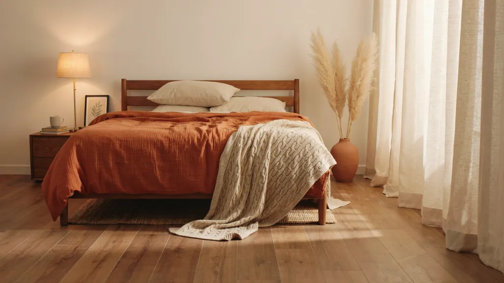 Fall bedroom decor idea with rust duvet, knit throw, and warm brass lighting