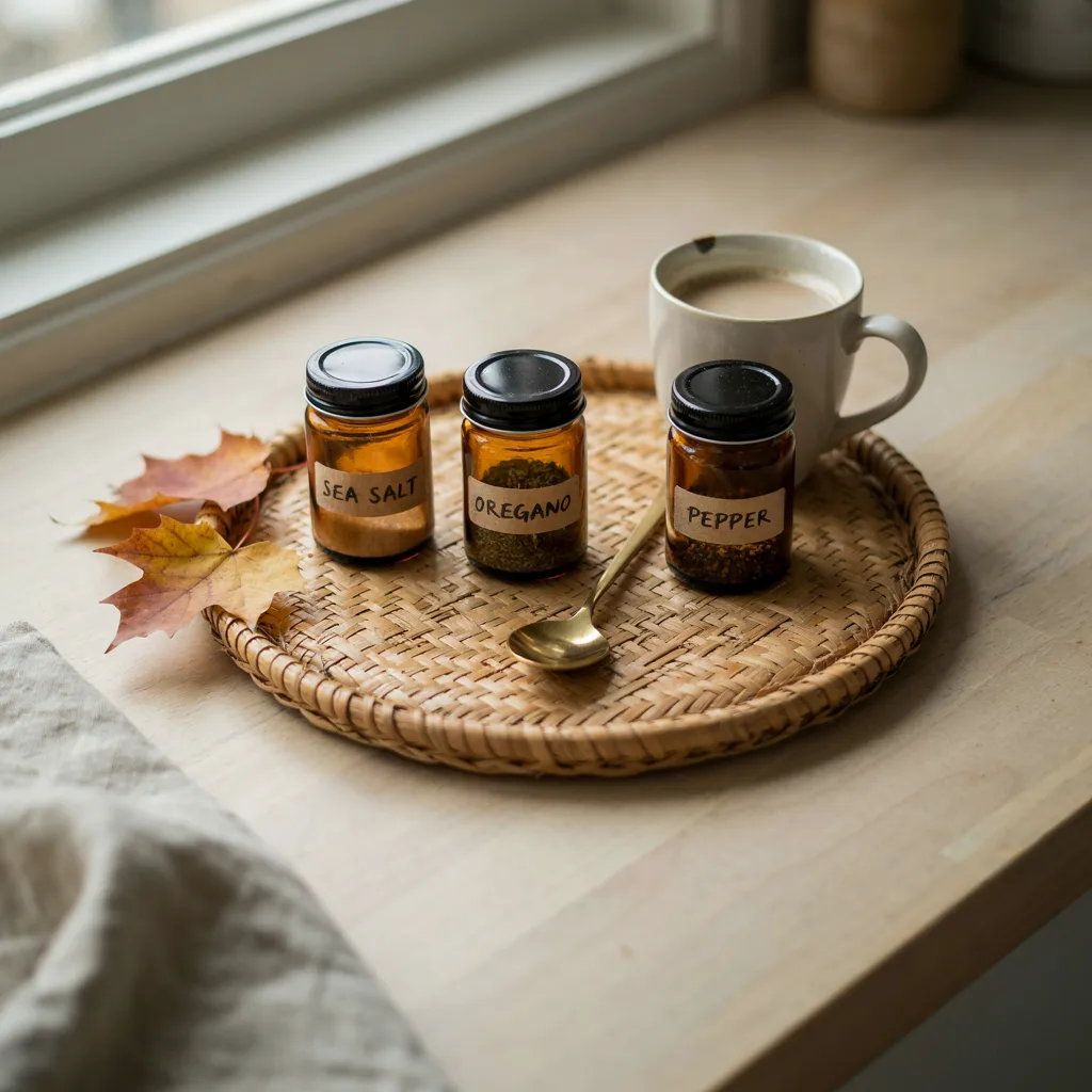 Rattan tray holding amber glass spice jars on a kitchen counter
