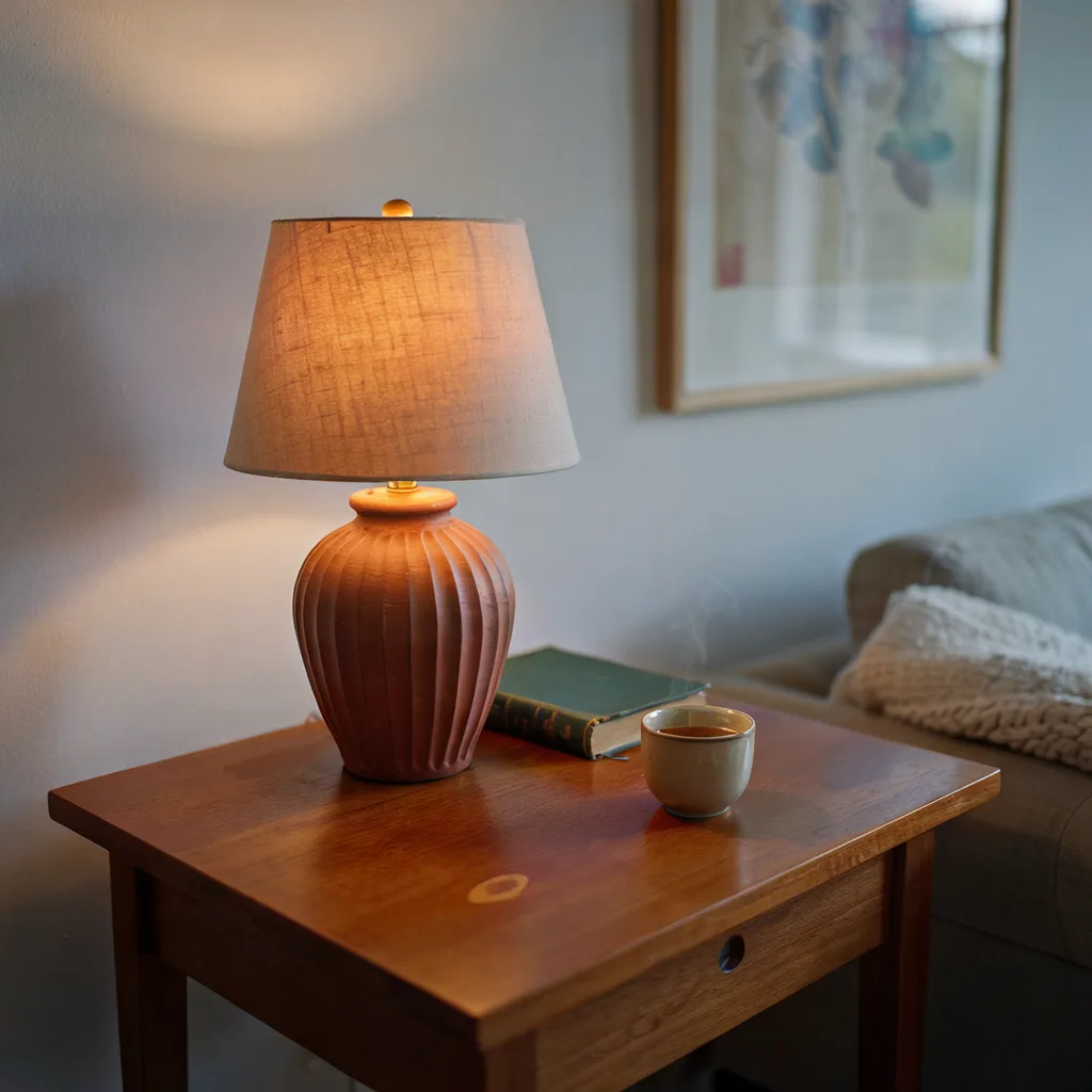 Terracotta table lamp with linen shade