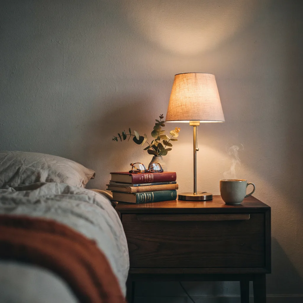 Brass table lamp with warm amber light on a walnut nightstand
