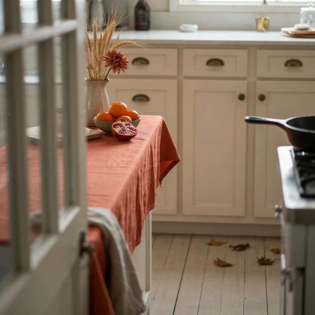 Rust-orange cotton runner laid along a kitchen cabinet run
