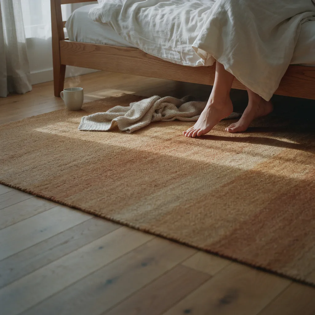 Wool area rug in warm camel tones beside a wooden bed frame
