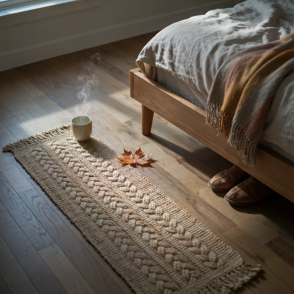 Hand-braided jute runner rug placed beside a wooden bed frame

