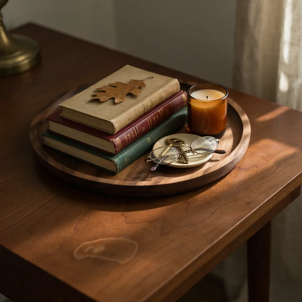 Dark walnut tray styled with a candle and books on a nightstand

