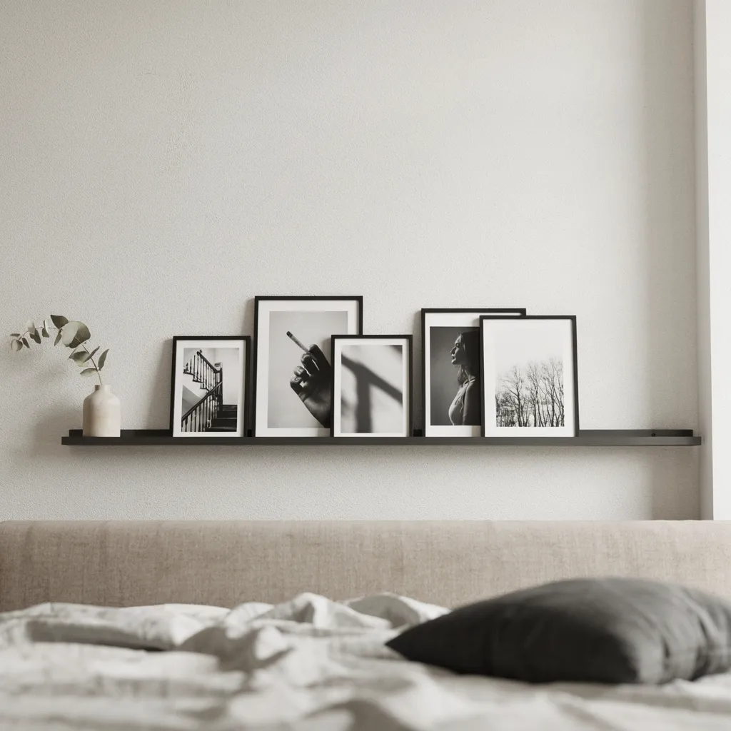 Minimalist picture ledge shelf above headboard
