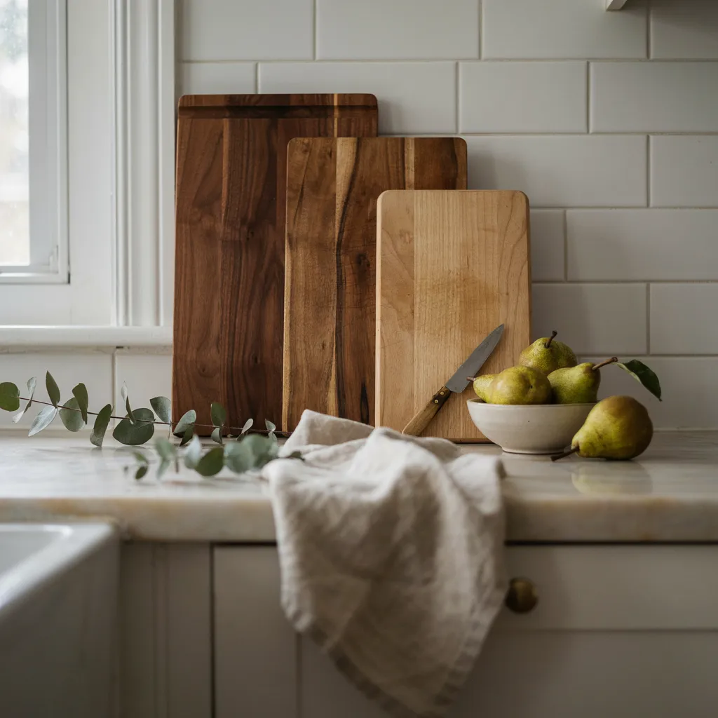 Walnut, acacia, and oak cutting boards leaning against a kitchen backsplash