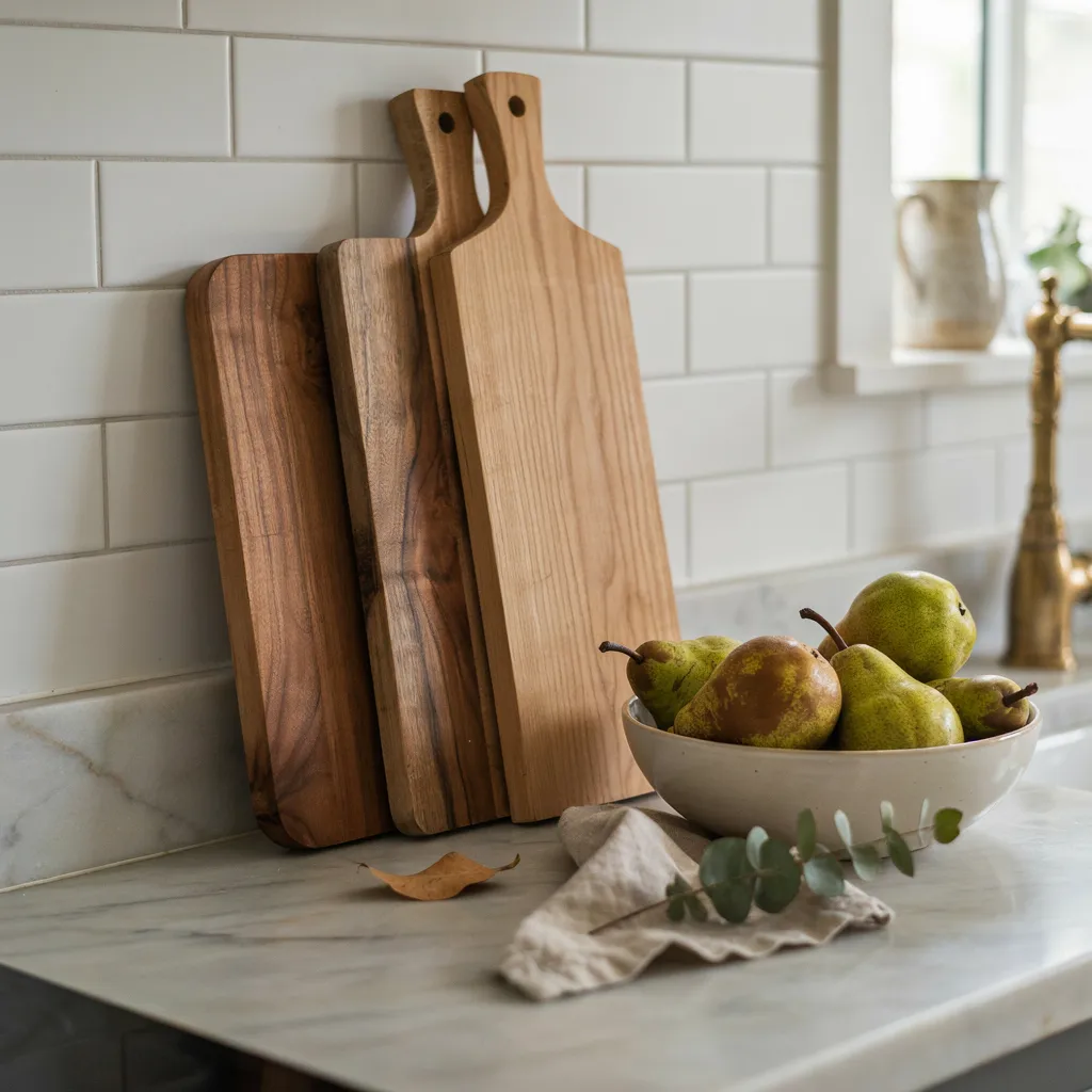 Walnut, acacia, and oak cutting boards leaning against a kitchen backsplash

