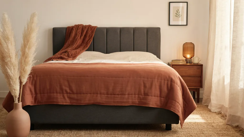 Fall bedroom decor idea with terracotta bedding, amber lighting, and warm textures