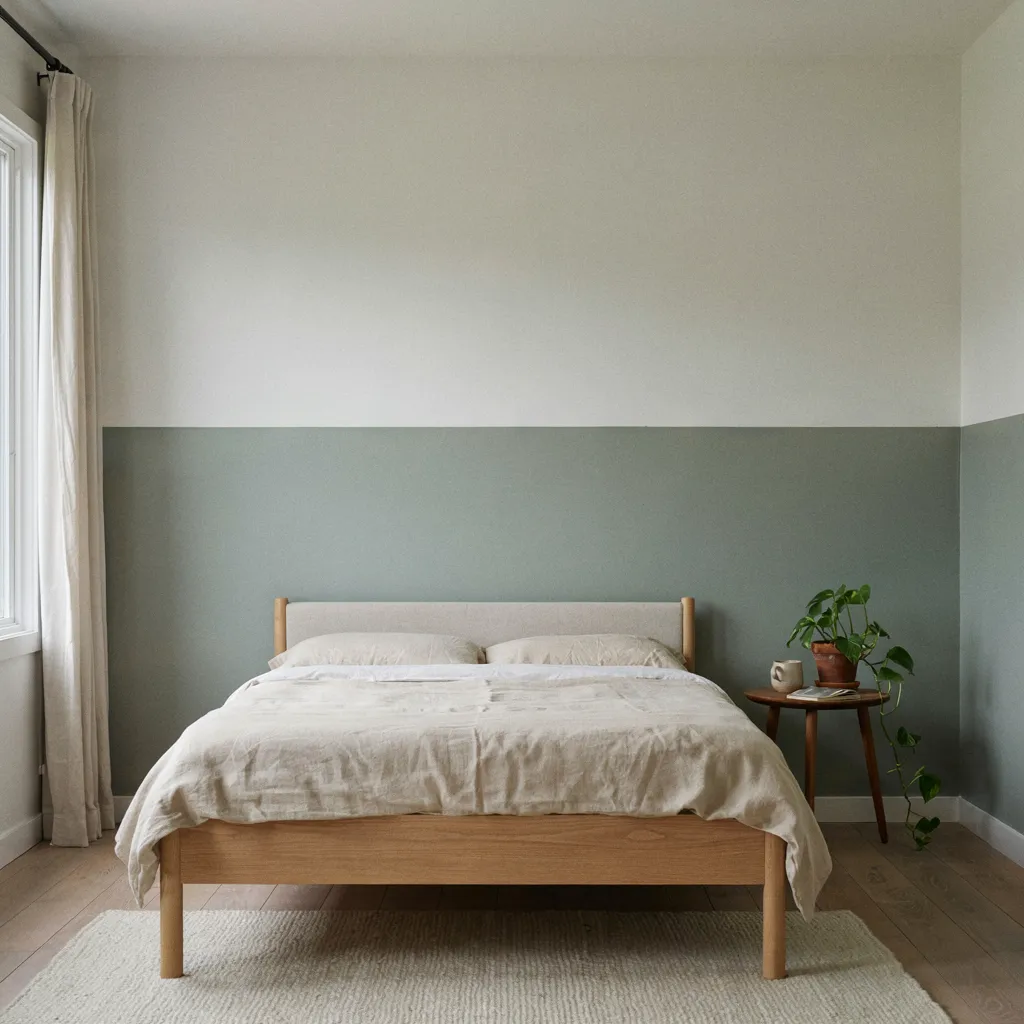 Horizontal color-blocked accent wall in bedroom
