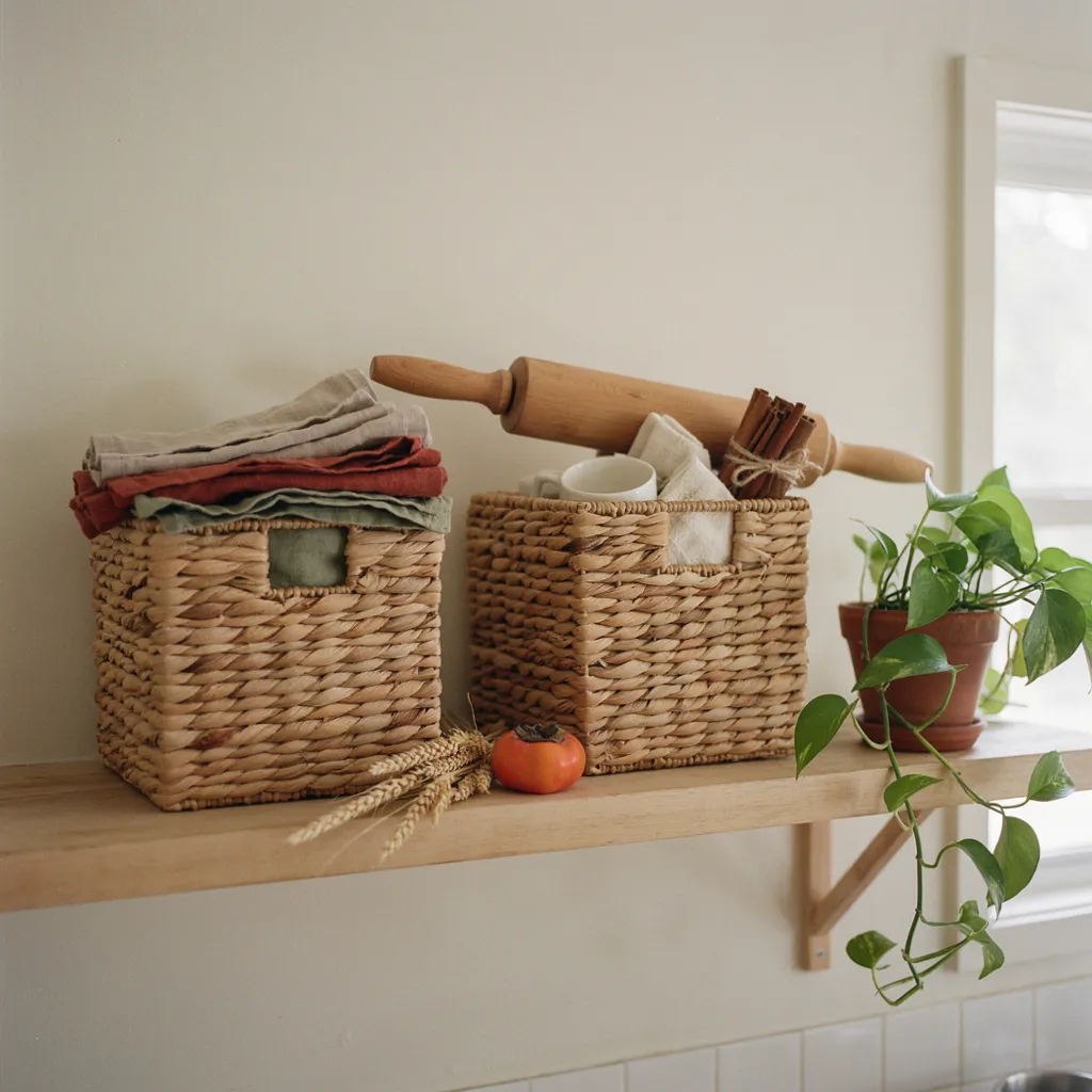 Woven seagrass baskets fitted into open kitchen shelving
