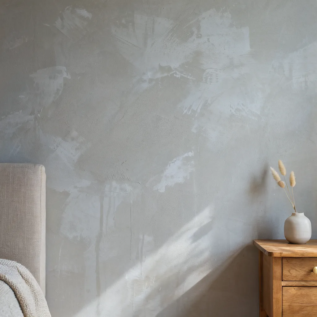 Limewash plaster wall finish in modern bedroom
