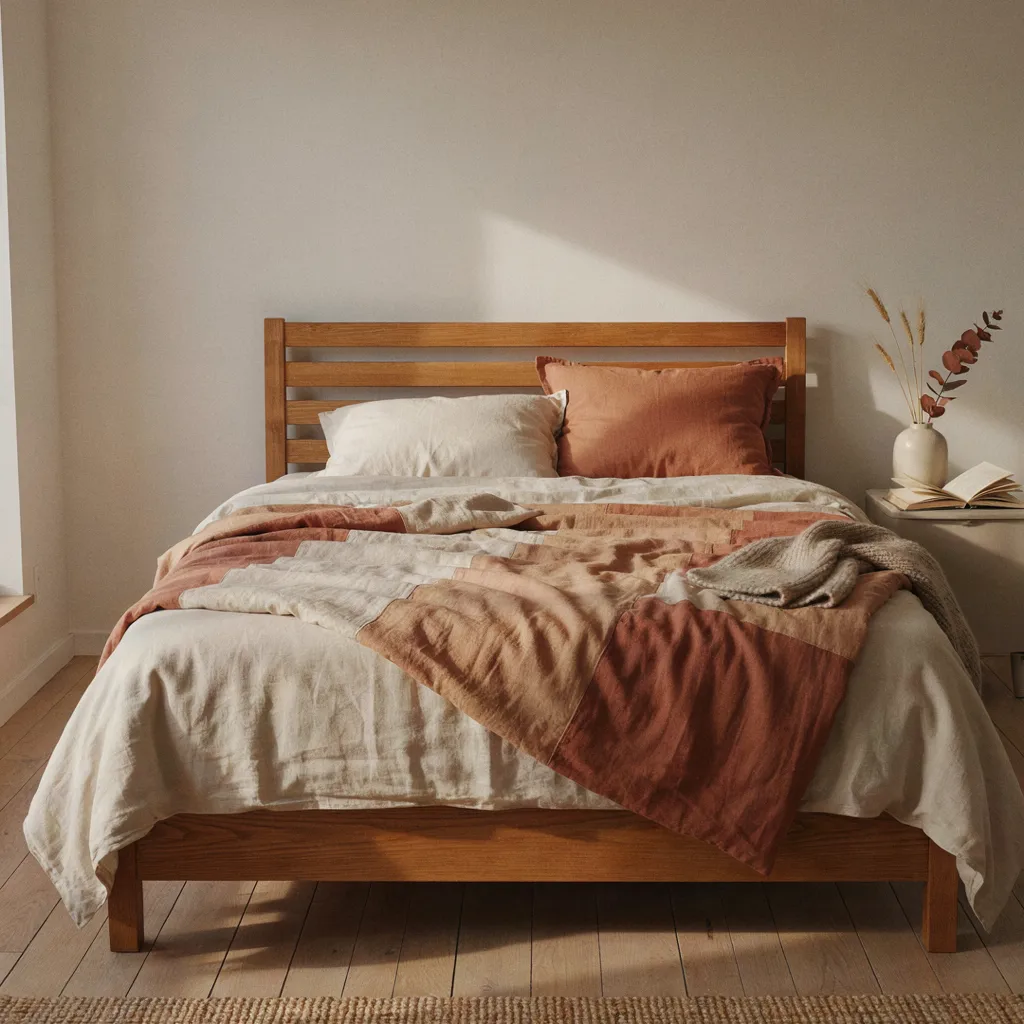 Terracotta quilt draped over cream linen sheets on a wooden bed frame
