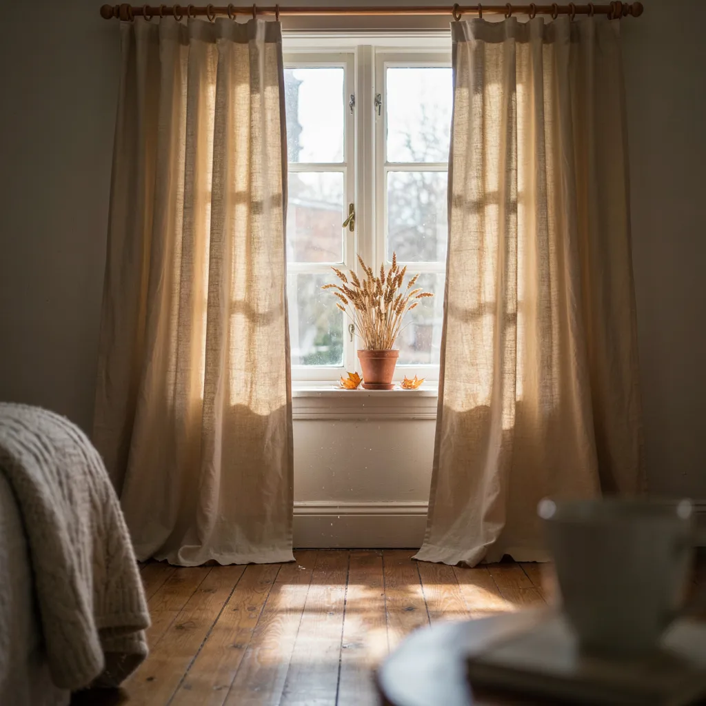 Floor-length oatmeal linen curtain panels in a sunlit bedroom window
