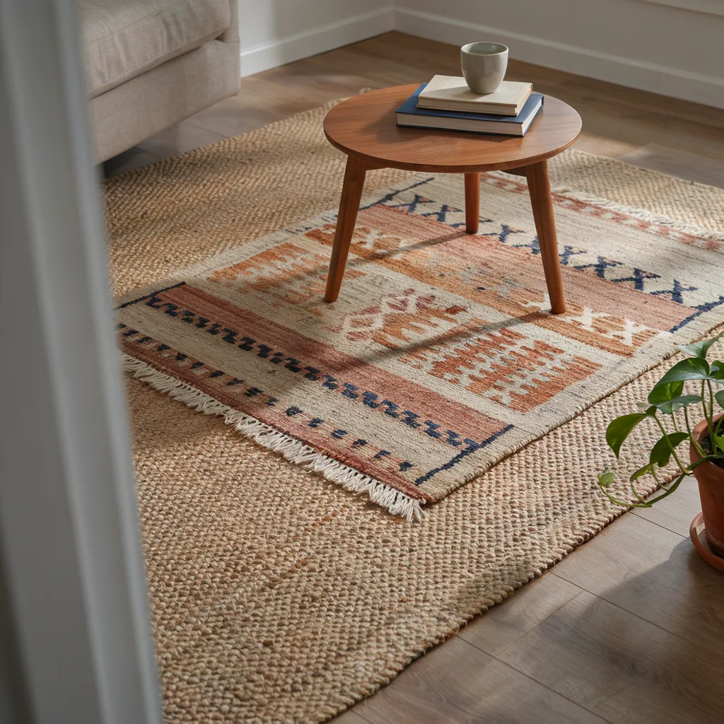 Layered jute and wool rugs under coffee table
