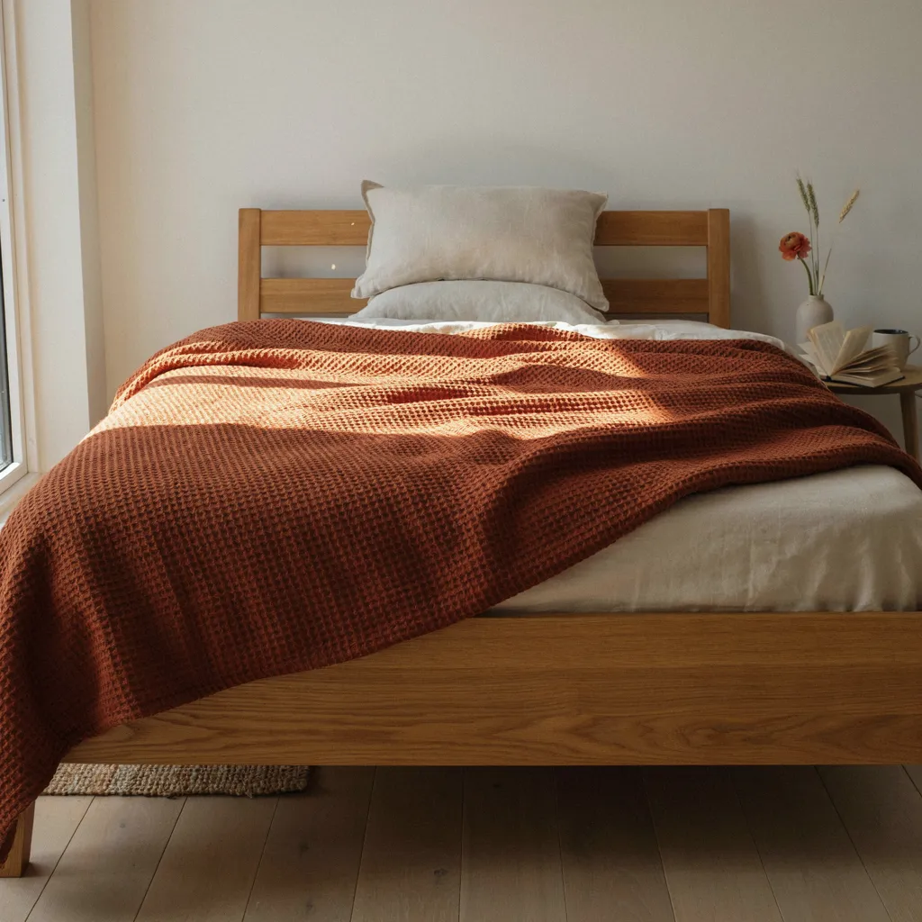 Rust waffle-knit duvet cover layered over ivory sheets for fall bedroom decor

