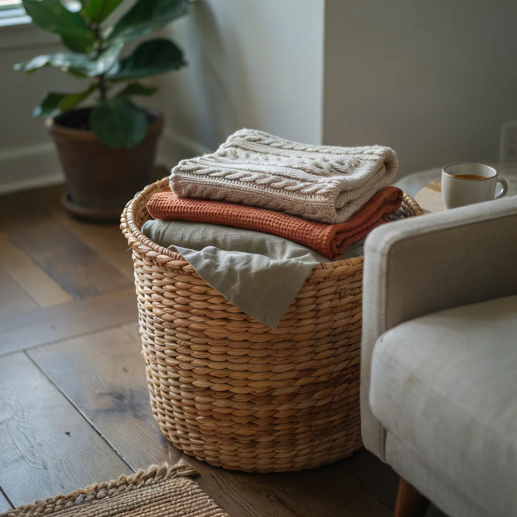 Woven rattan basket with blankets