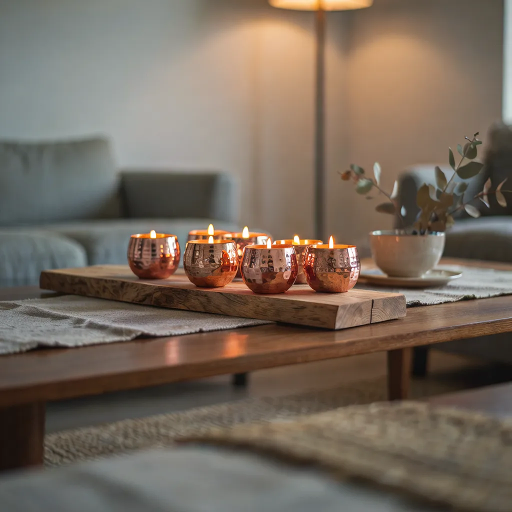 Timber candle block with copper cups
