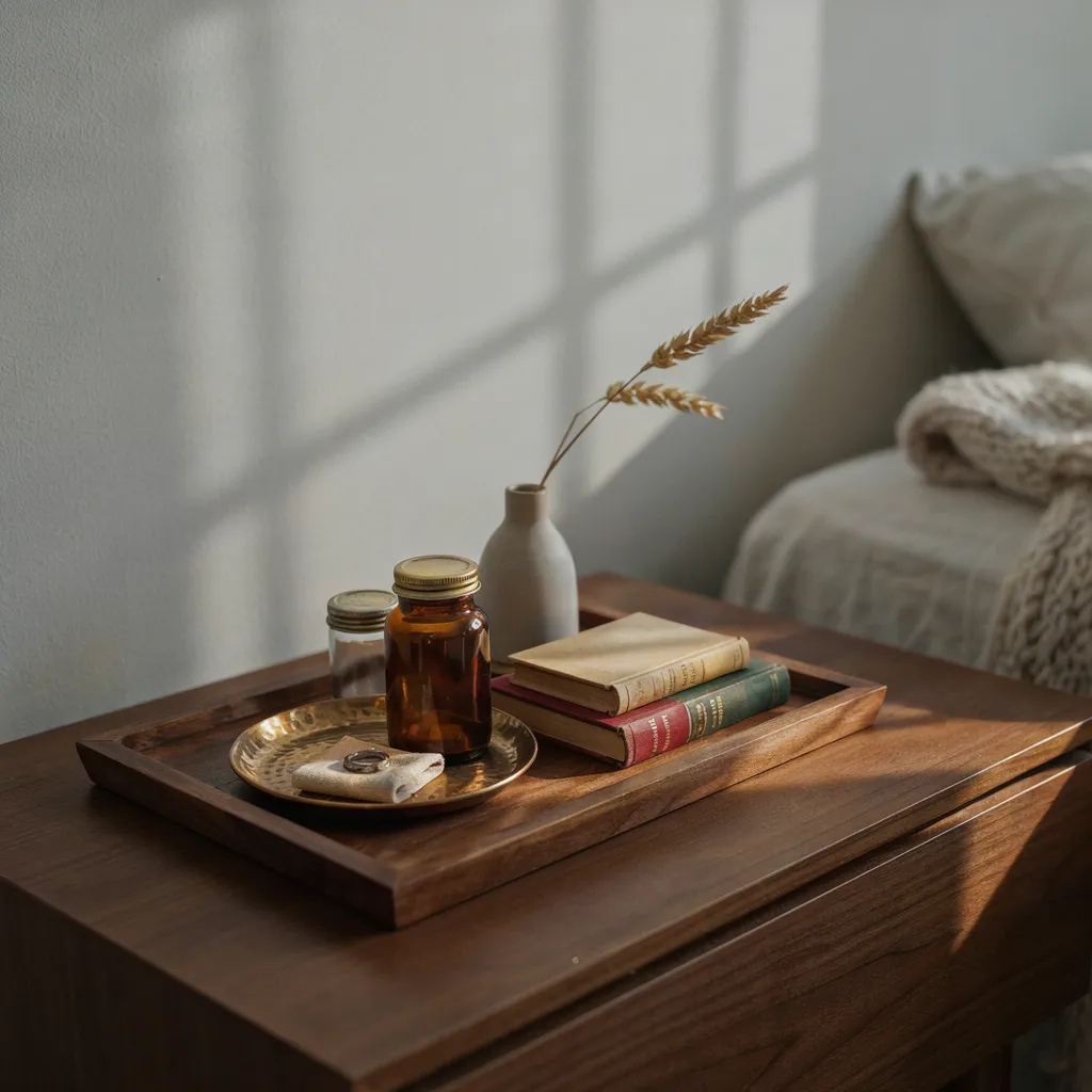 Dark walnut tray styled with a candle, jar, and books on a nightstand

