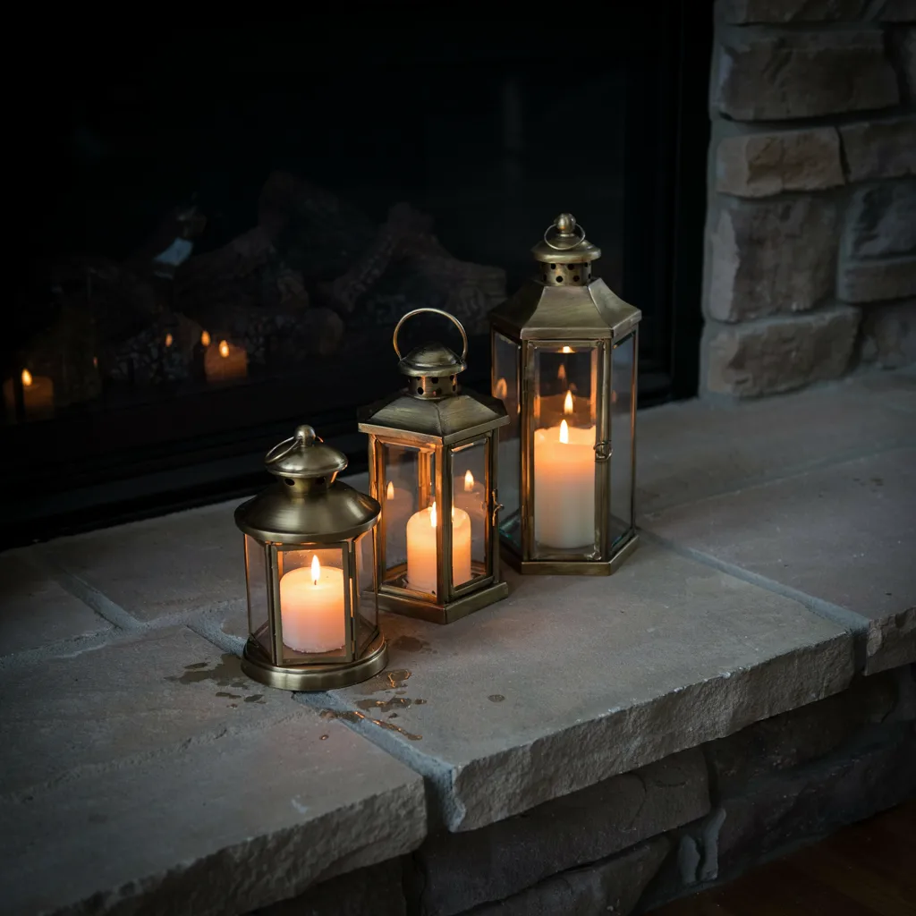 Antique brass candle lanterns on fireplace hearth
