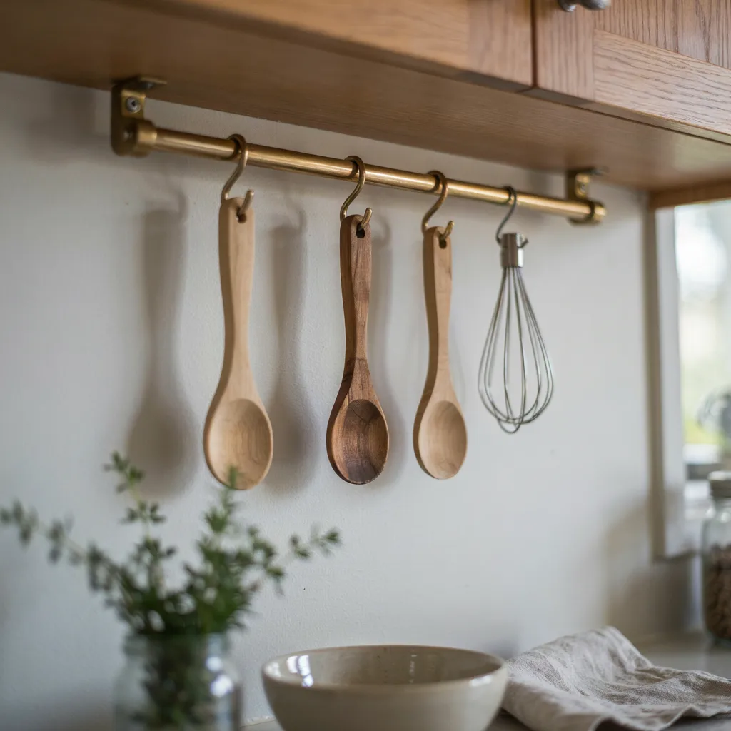 Wall-mounted brass utensil rail holding wooden spoons

