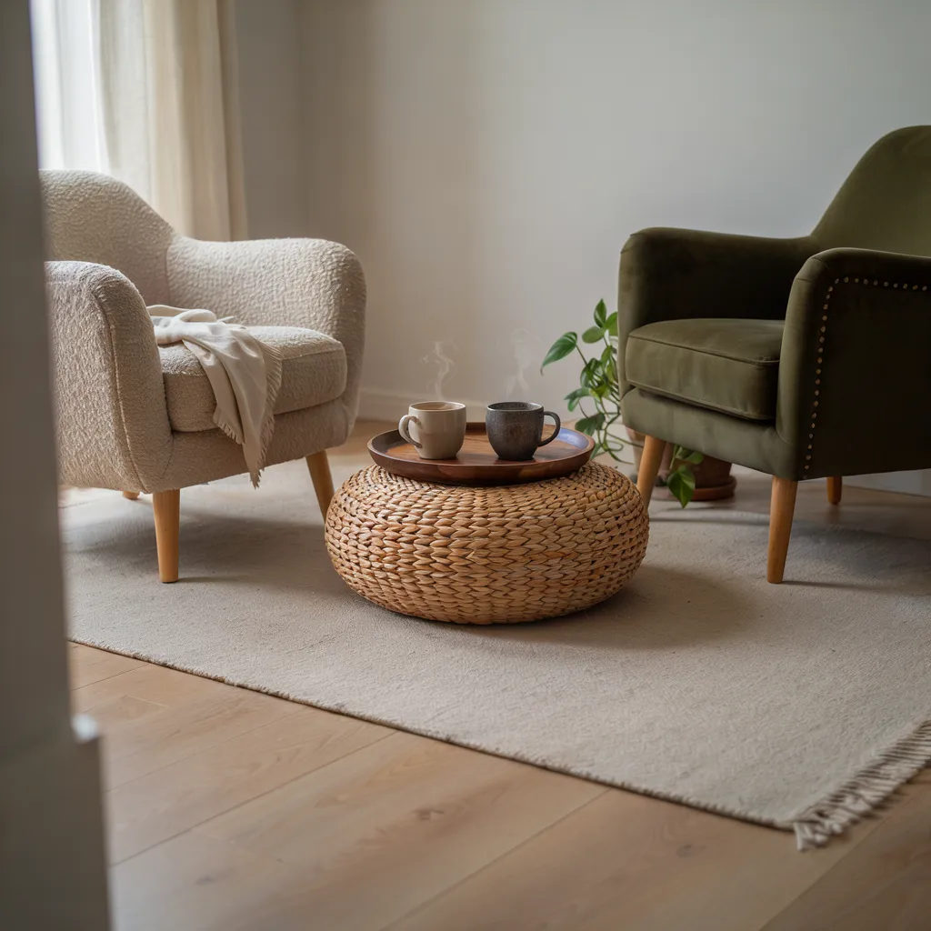 Woven rattan pouf with wood tray on top
